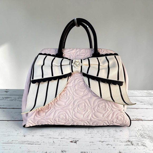 Betsey Johnson Handbags - Betsey Johnson Pink Quilted Rose Satchel Bag with Large Striped Bow Fairy Goth
